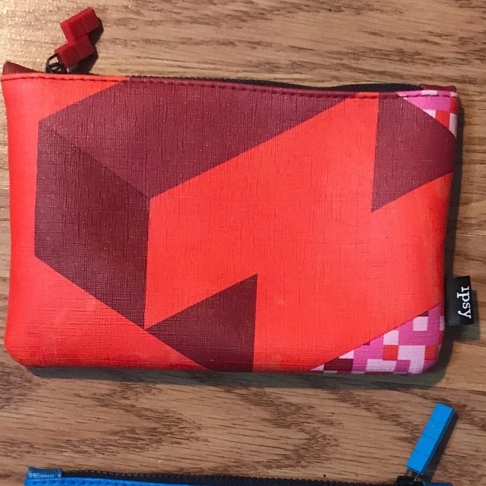 Set of 2 Ipsy Tetris Makeup Cosmetic Pouch Bags Blue & Red Zip close